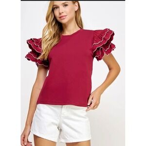 Strut & Bolt Burgundy Ruffle Sleeve T Shirt Top Women Size M